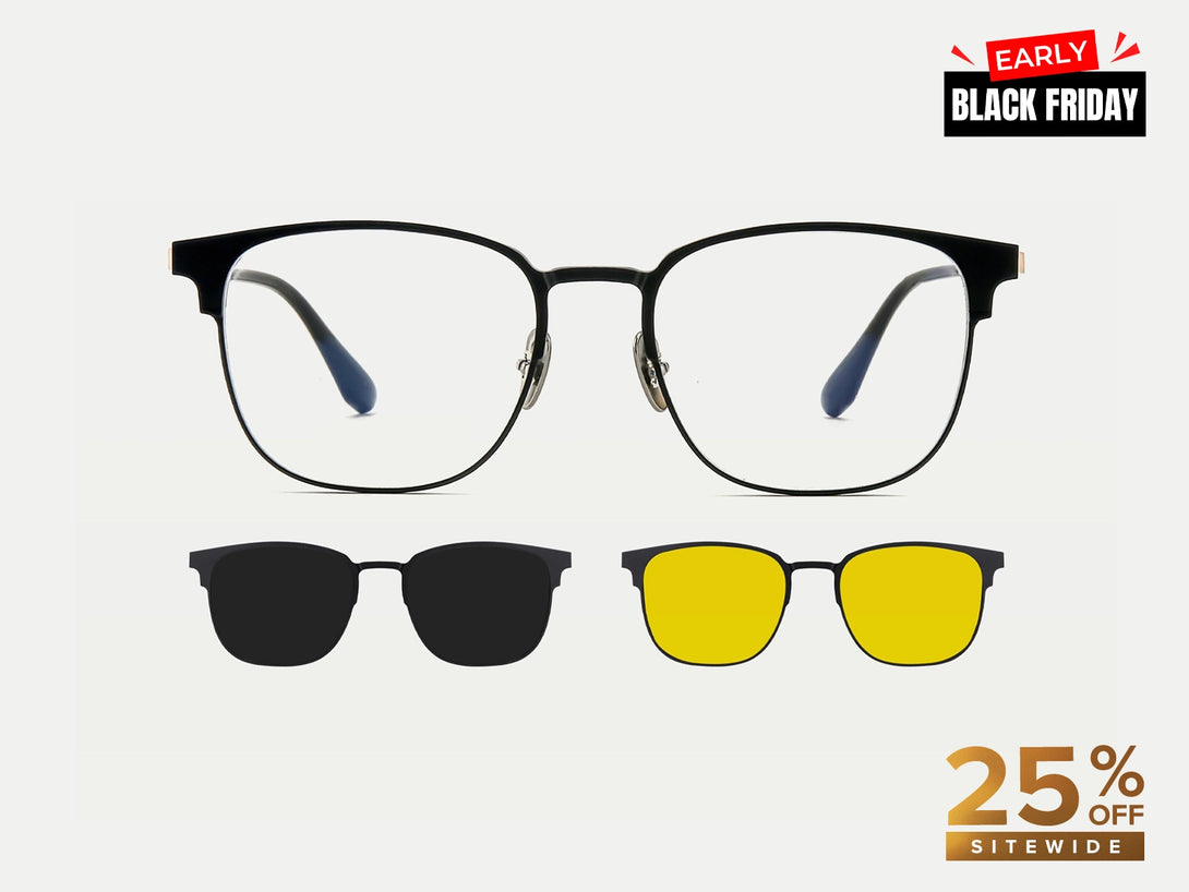 Aron | Browline Titanium Magnetic Clip-on Eyeglasses Sunglasses | ZanyLen